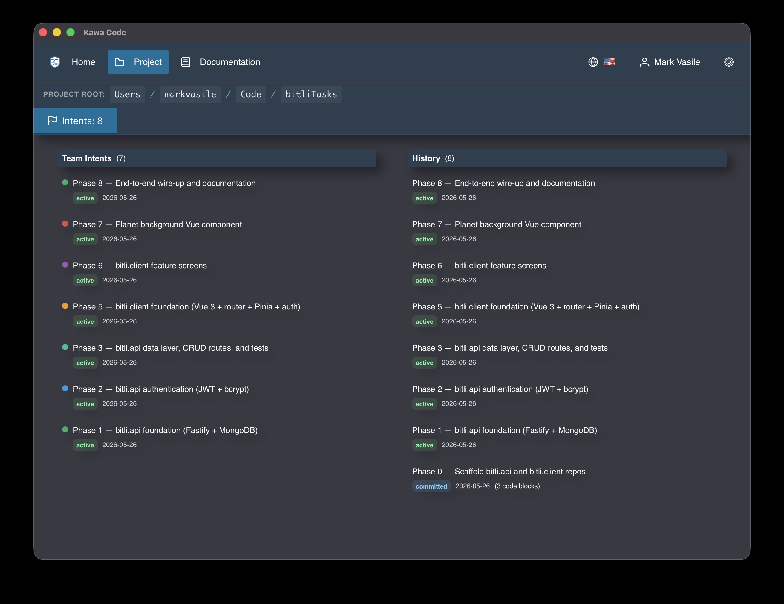 Kawa Code desktop app — Team Intents and History panels tracking development intents and decisions