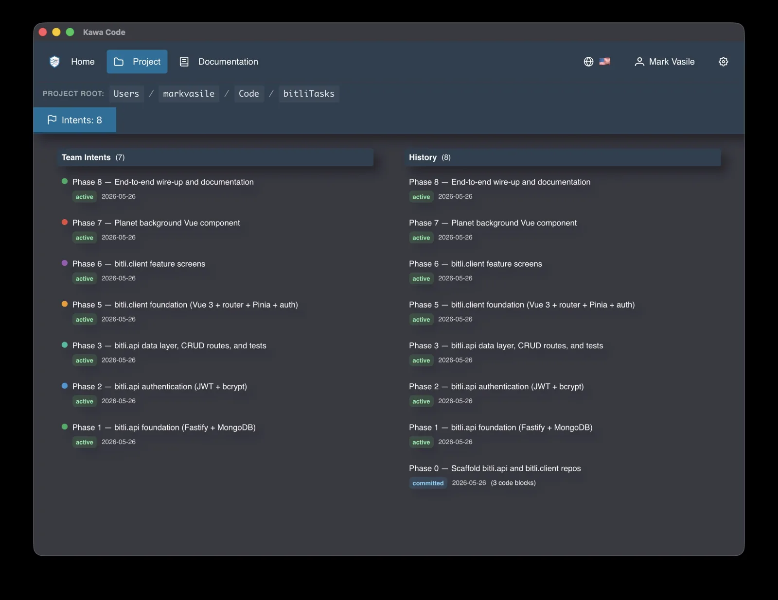Kawa Code desktop app — Team Intents and History panels tracking development intents and decisions